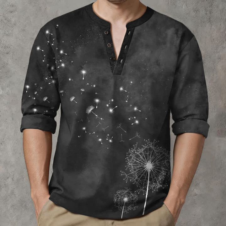 Buddha Stones Camisas de manga larga para hombre de algodón con cuello en V y estampado de semillas de diente de león. - image 15