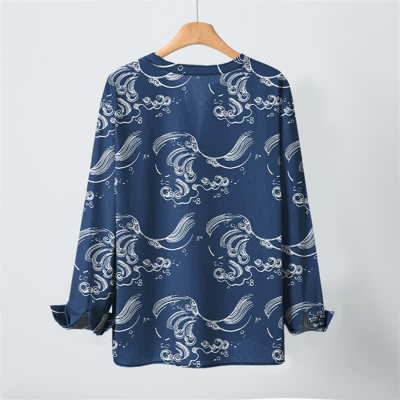 Buddha Stones Camisas de manga larga para hombre con cuello en V y botones, estampado de nubes de algodón. - image 3