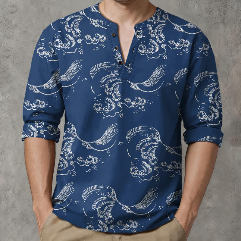 Buddha Stones Camisas de manga larga para hombre con cuello en V y botones, estampado de nubes de algodón. - Marina de guerra - US/UK/AU48, UE58 (4XL) - image 0