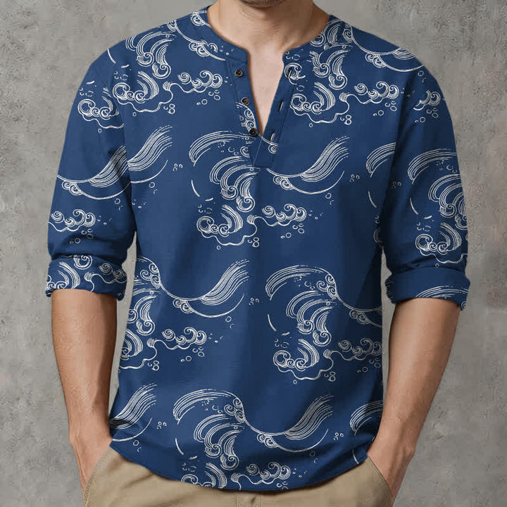 Buddha Stones Camisas de manga larga para hombre con cuello en V y botones, estampado de nubes de algodón. - Marina de guerra - US/UK/AU48, UE58 (4XL) - image 0