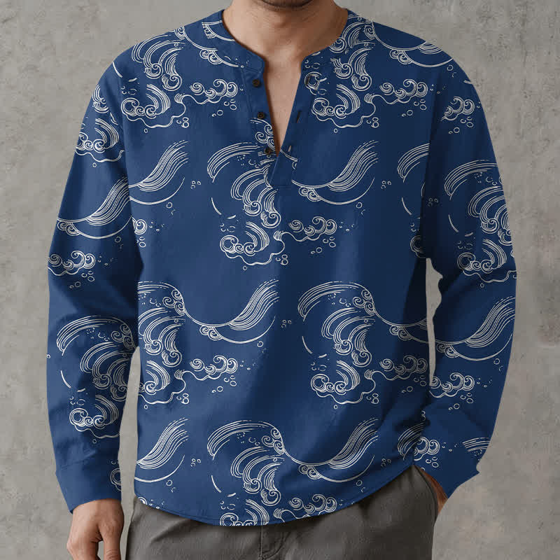 Buddha Stones Camisas de manga larga para hombre con cuello en V y botones, estampado de nubes de algodón. - image 1