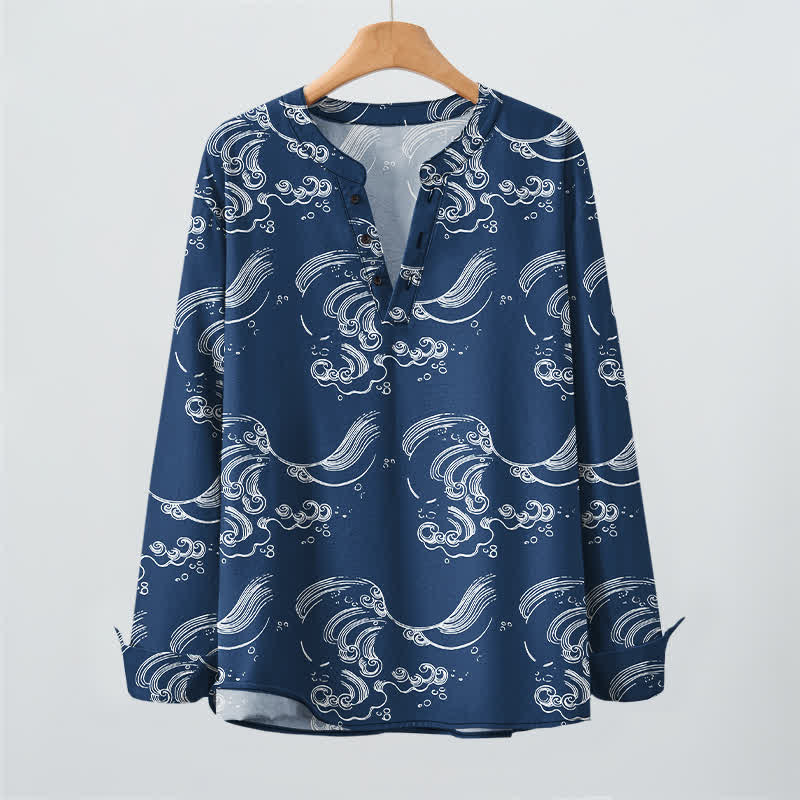 Buddha Stones Camisas de manga larga para hombre con cuello en V y botones, estampado de nubes de algodón. - image 2
