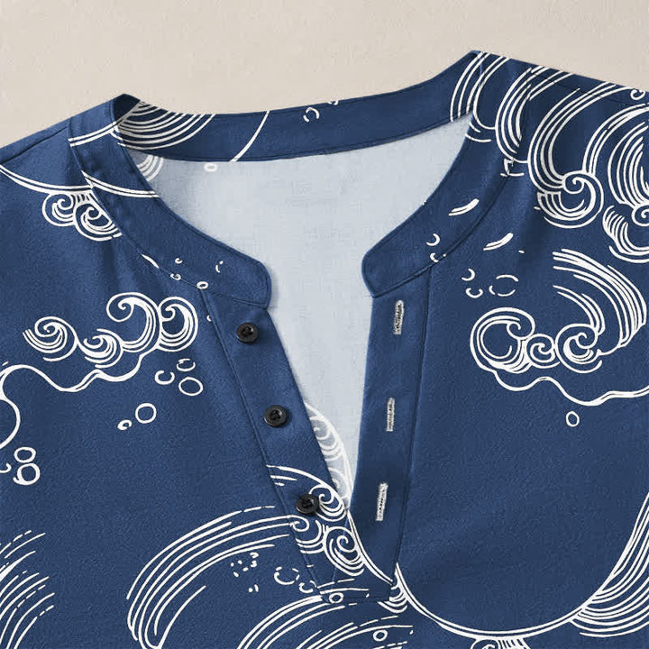Buddha Stones Camisas de manga larga para hombre con cuello en V y botones, estampado de nubes de algodón. - image 4