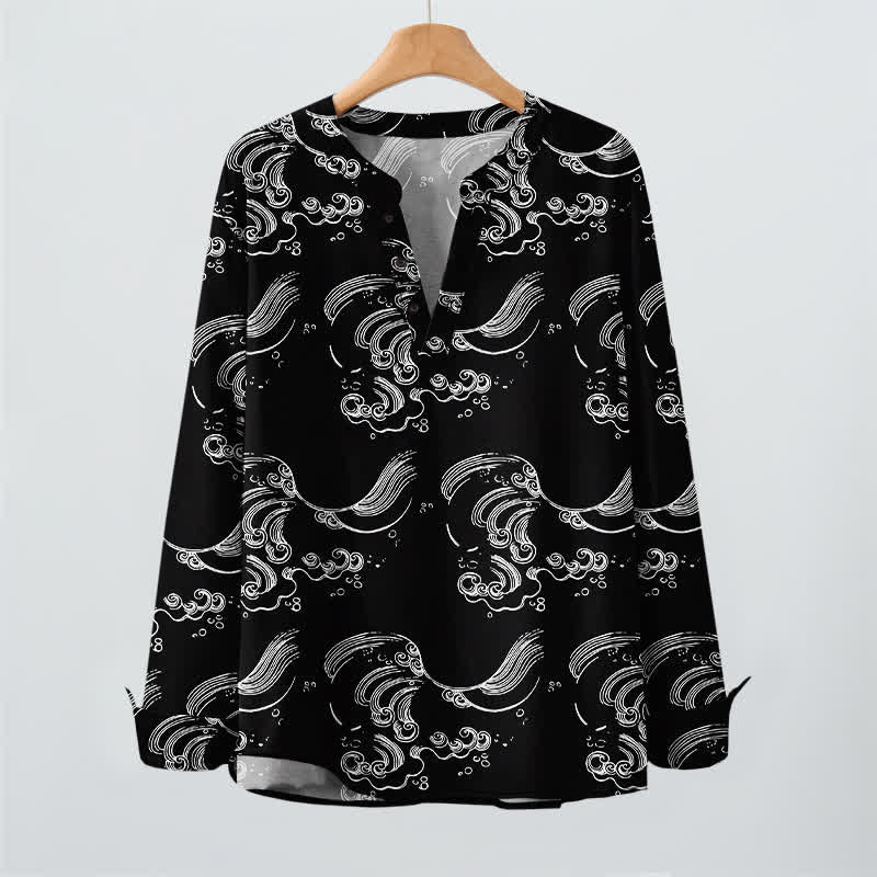 Buddha Stones Camisas de manga larga para hombre con cuello en V y botones, estampado de nubes de algodón. - image 9