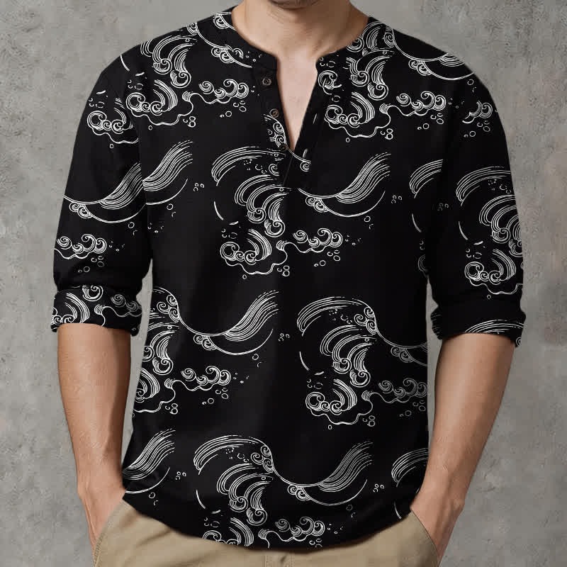 Buddha Stones Camisas de manga larga para hombre con cuello en V y botones, estampado de nubes de algodón. - image 8