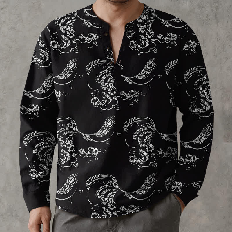 Buddha Stones Camisas de manga larga para hombre con cuello en V y botones, estampado de nubes de algodón. - Negro - US/UK/AU48, UE58 (4XL) - image 7
