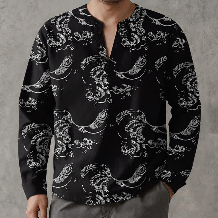 Buddha Stones Camisas de manga larga para hombre con cuello en V y botones, estampado de nubes de algodón. - Negro - US/UK/AU48, UE58 (4XL) - image 7
