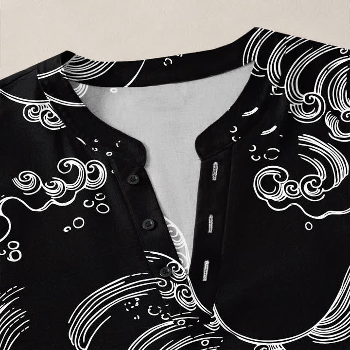 Buddha Stones Camisas de manga larga para hombre con cuello en V y botones, estampado de nubes de algodón. - image 11