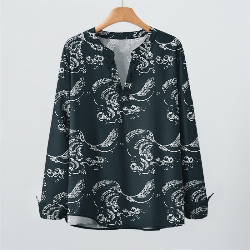 Buddha Stones Camisas de manga larga para hombre con cuello en V y botones, estampado de nubes de algodón. - image 16