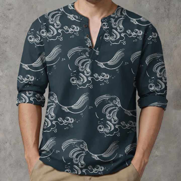 Buddha Stones Camisas de manga larga para hombre con cuello en V y botones, estampado de nubes de algodón. - Gris pizarra oscuro - US/UK/AU48, UE58 (4XL) - image 14