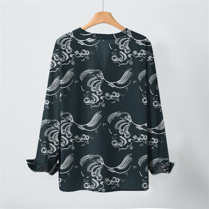Buddha Stones Camisas de manga larga para hombre con cuello en V y botones, estampado de nubes de algodón. - image 17
