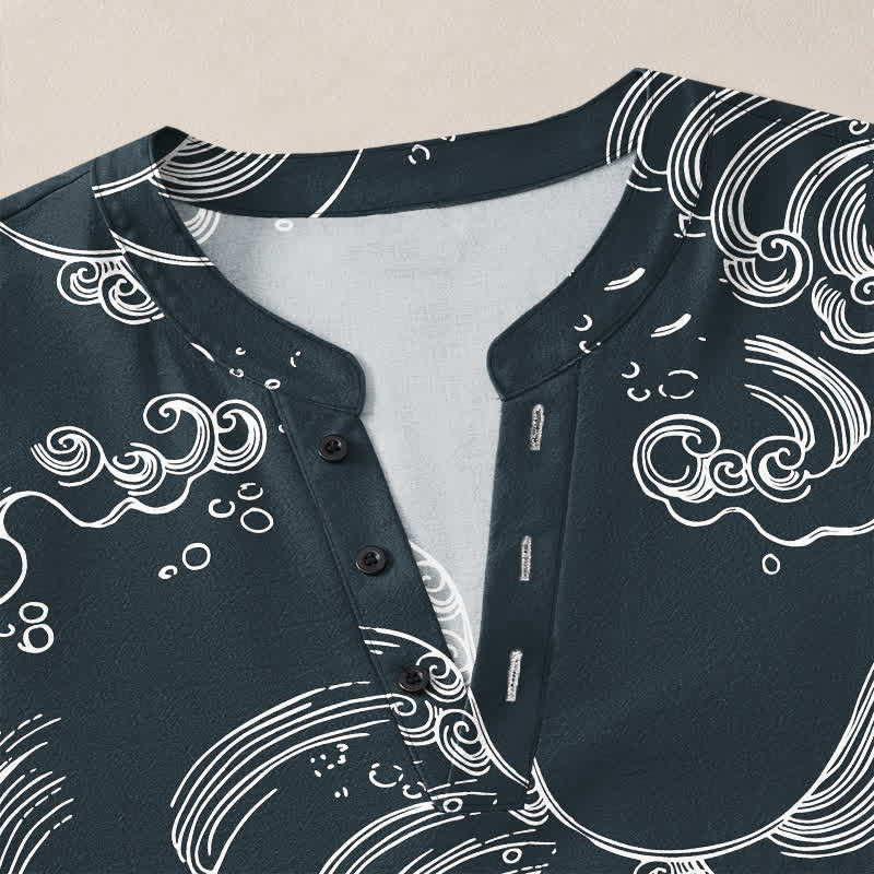 Buddha Stones Camisas de manga larga para hombre con cuello en V y botones, estampado de nubes de algodón. - image 18