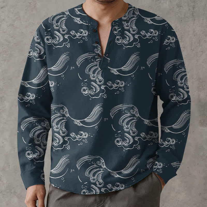 Buddha Stones Camisas de manga larga para hombre con cuello en V y botones, estampado de nubes de algodón. - image 15