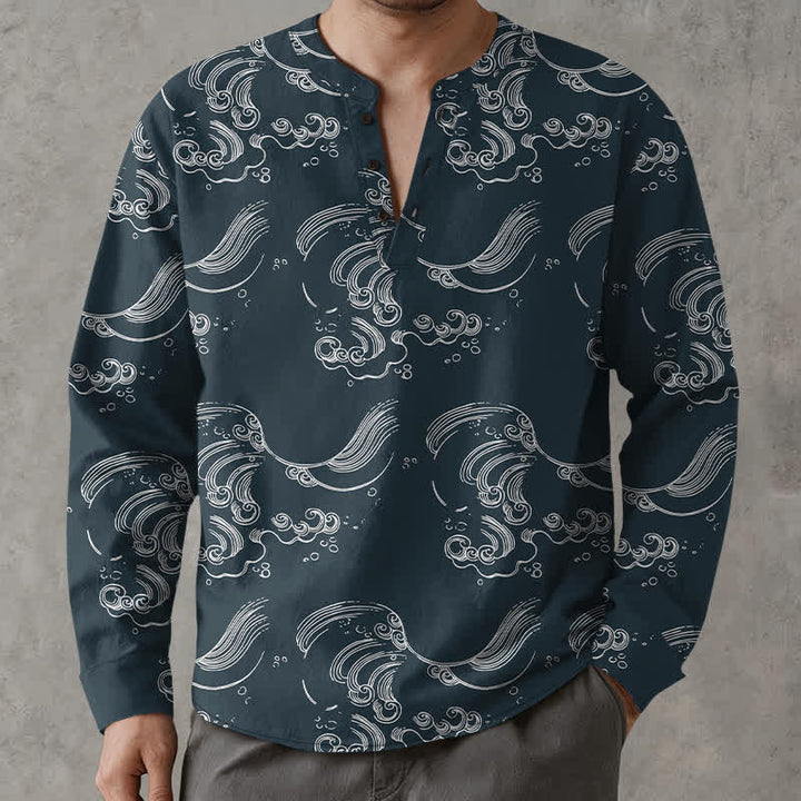 Buddha Stones Camisas de manga larga para hombre con cuello en V y botones, estampado de nubes de algodón. - image 15