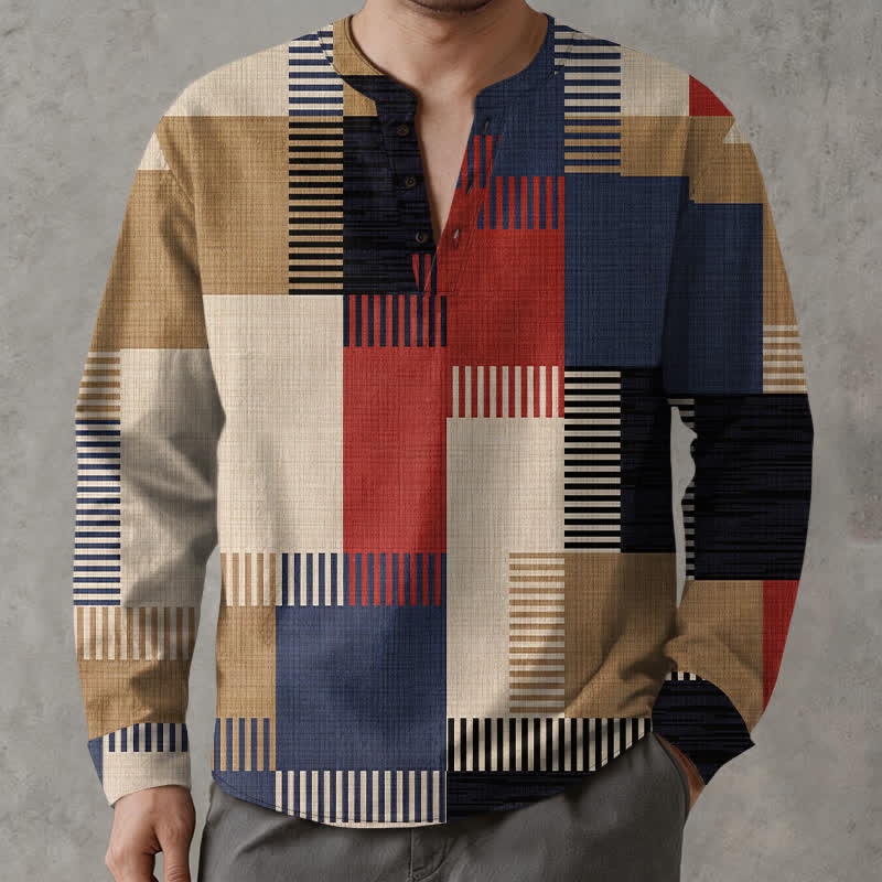 Buddha Stones Camisas de manga larga para hombre de algodón con cuello en V, estampado geométrico retro de patchwork y botones. - image 1
