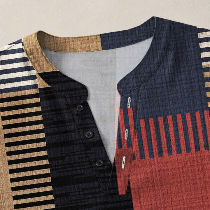 Buddha Stones Camisas de manga larga para hombre de algodón con cuello en V, estampado geométrico retro de patchwork y botones. - image 4