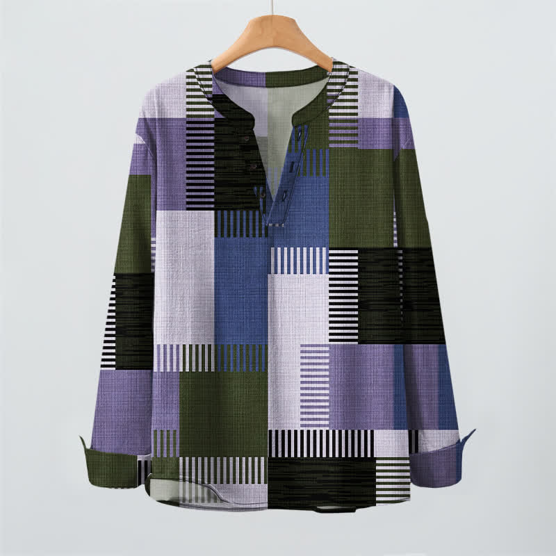 Buddha Stones Camisas de manga larga para hombre de algodón con cuello en V, estampado geométrico retro de patchwork y botones. - image 9