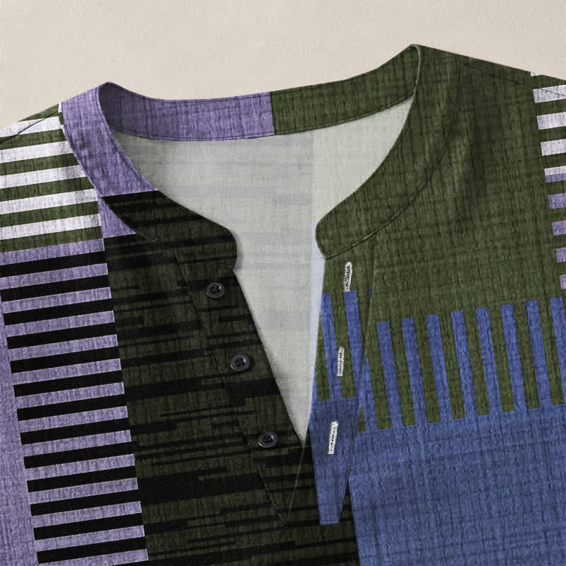 Buddha Stones Camisas de manga larga para hombre de algodón con cuello en V, estampado geométrico retro de patchwork y botones. - image 11