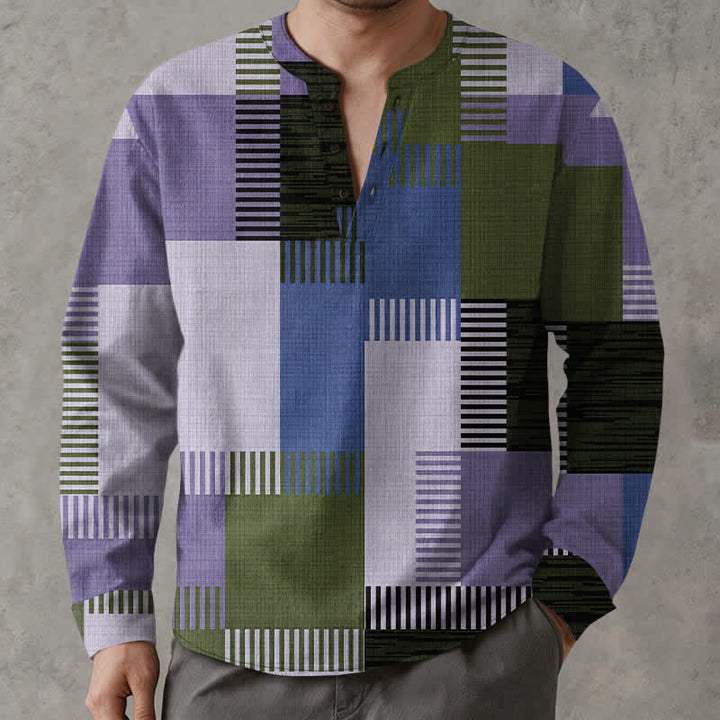 Buddha Stones Camisas de manga larga para hombre de algodón con cuello en V, estampado geométrico retro de patchwork y botones. - image 8