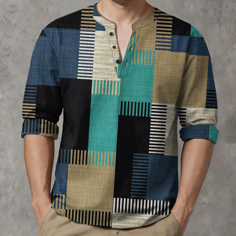 Buddha Stones Camisas de manga larga para hombre de algodón con cuello en V, estampado geométrico retro de patchwork y botones. - Turquesa - US/UK/AU48, UE58 (4XL) - image 14