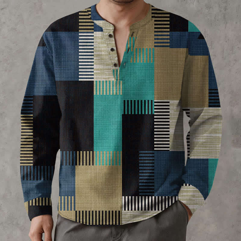 Buddha Stones Camisas de manga larga para hombre de algodón con cuello en V, estampado geométrico retro de patchwork y botones. - image 15