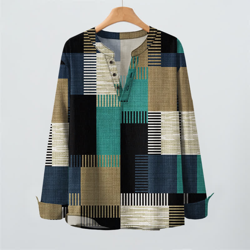Buddha Stones Camisas de manga larga para hombre de algodón con cuello en V, estampado geométrico retro de patchwork y botones. - image 16