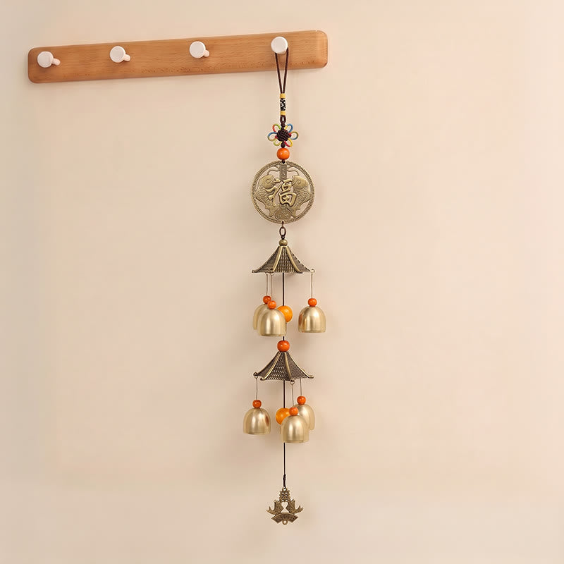 Buddha Stones Campanas y carillones de abundancia Pi Xiu Bagua de cobre macizo de dos niveles con forma de pez koi - image 10
