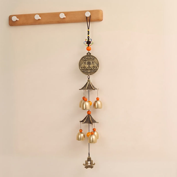 Buddha Stones Campanas y carillones de abundancia Pi Xiu Bagua de cobre macizo de dos niveles con forma de pez koi - image 1