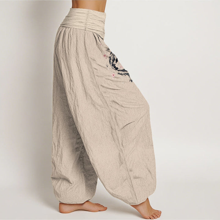 Buddha Stones Pantalones harem de algodón puro con estampado de ramas de flores koi y cintura elástica para mujer. - image 12