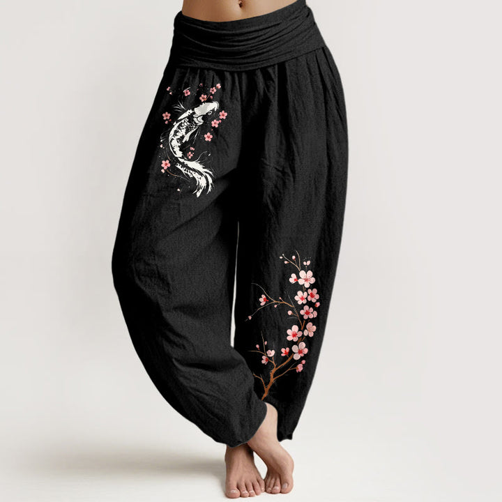 Buddha Stones Pantalones harem de algodón puro con estampado de ramas de flores koi y cintura elástica para mujer. - Negro - US16，UK/AU20，EU48 (3XL) - image 0
