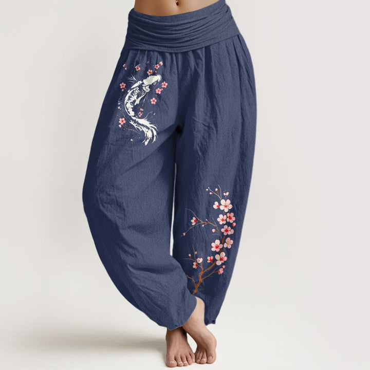 Buddha Stones Pantalones harem de algodón puro con estampado de ramas de flores koi y cintura elástica para mujer. - Azul pizarra oscuro - US16，UK/AU20，EU48 (3XL) - image 5