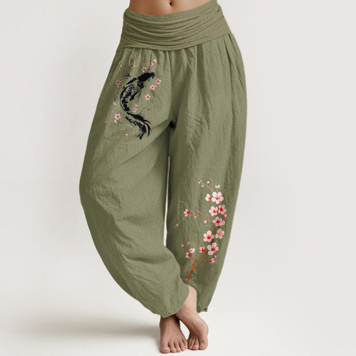 Buddha Stones Pantalones harem de algodón puro con estampado de ramas de flores koi y cintura elástica para mujer. - Verde oliva - US16，UK/AU20，EU48 (3XL) - image 14