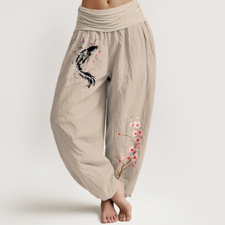 Buddha Stones Pantalones harem de algodón puro con estampado de ramas de flores koi y cintura elástica para mujer. - Broncearse - US16，UK/AU20，EU48 (3XL) - image 11
