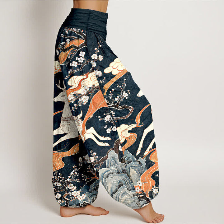Buddha Stones Pantalones harem de cintura elástica para mujer con estampado de montaña y ciervos de algodón - image 2