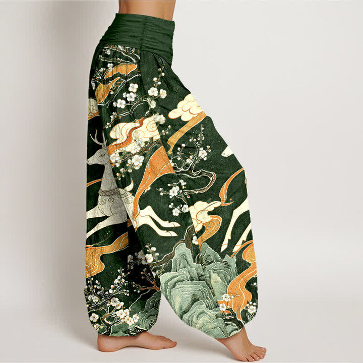 Buddha Stones Pantalones harem de cintura elástica para mujer con estampado de montaña y ciervos de algodón - image 7