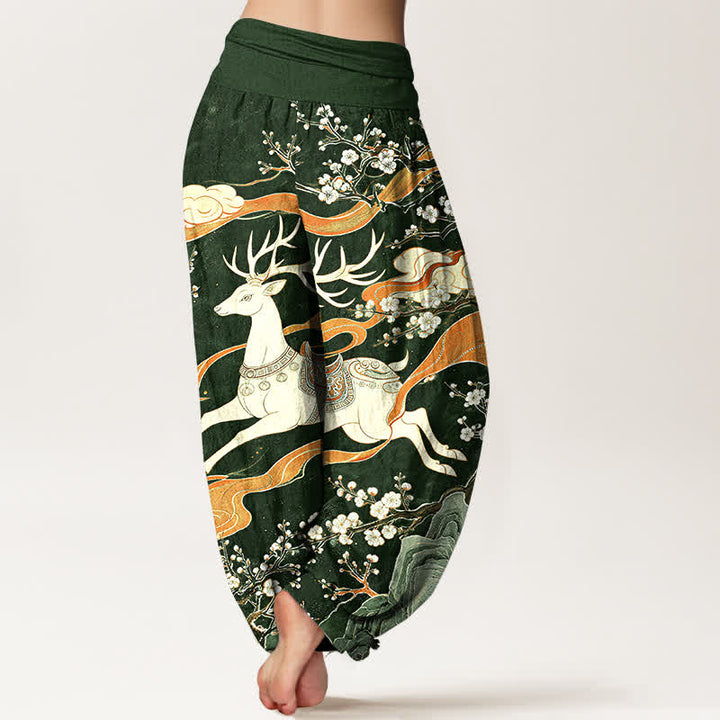 Buddha Stones Pantalones harem de cintura elástica para mujer con estampado de montaña y ciervos de algodón - image 6