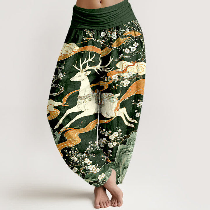 Buddha Stones Pantalones harem de cintura elástica para mujer con estampado de montaña y ciervos de algodón - Verde oscuro - US16，UK/AU20，EU48 (3XL) - image 5