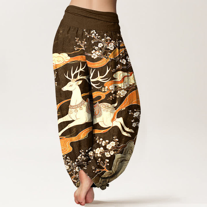 Buddha Stones Pantalones harem de cintura elástica para mujer con estampado de montaña y ciervos de algodón - image 9