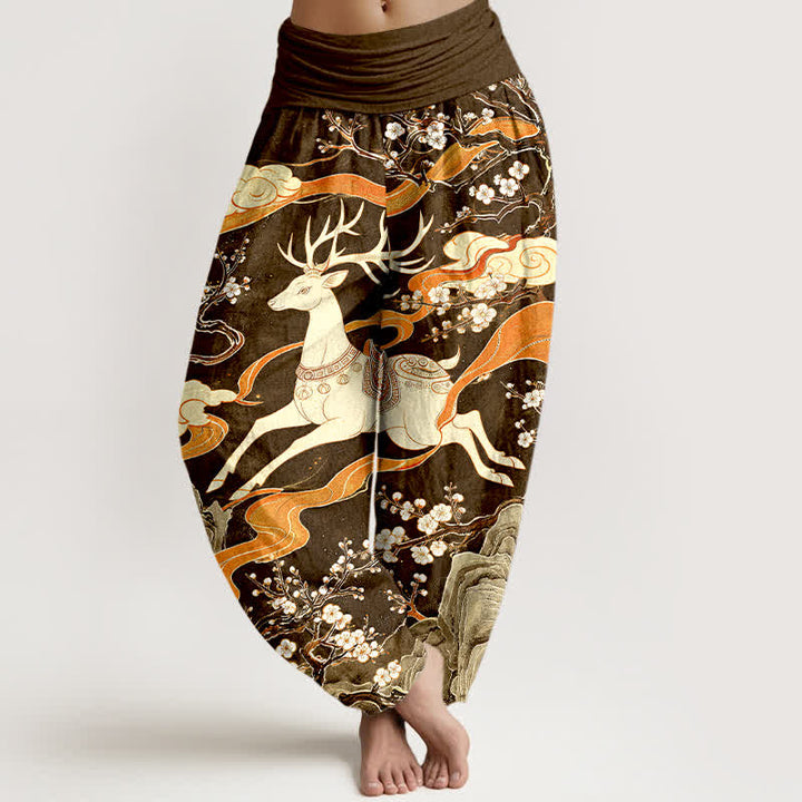 Buddha Stones Pantalones harem de cintura elástica para mujer con estampado de montaña y ciervos de algodón - Marrón silla de montar - US16，UK/AU20，EU48 (3XL) - image 8