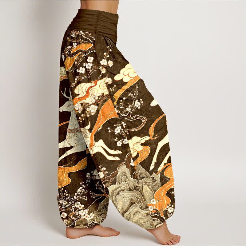 Buddha Stones Pantalones harem de cintura elástica para mujer con estampado de montaña y ciervos de algodón - image 10