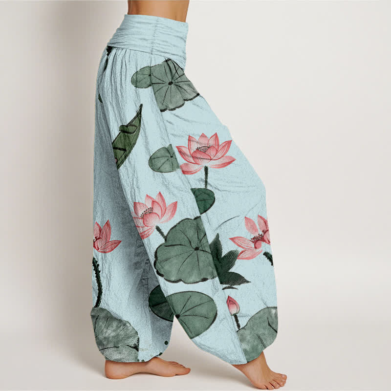 Buddha Stones Pantalones harem de algodón con estampado de loto oriental y cintura elástica para mujer. - image 7