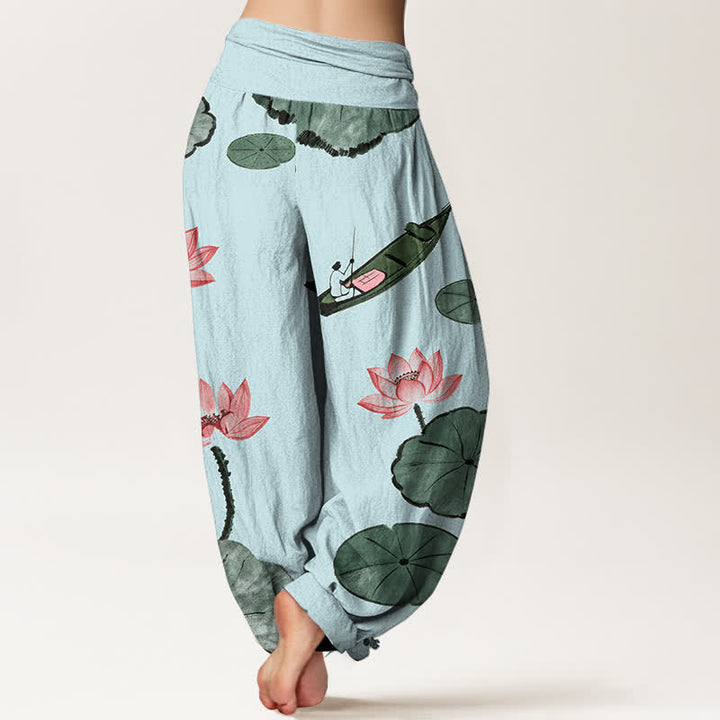 Buddha Stones Pantalones harem de algodón con estampado de loto oriental y cintura elástica para mujer. - image 6