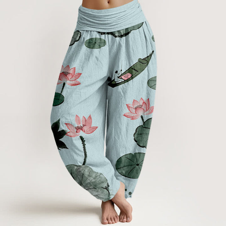 Buddha Stones Pantalones harem de algodón con estampado de loto oriental y cintura elástica para mujer. - Azul claro - US16，UK/AU20，EU48 (3XL) - image 5