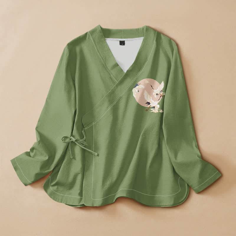 Buddha Stones Camisa kimono de manga larga para mujer con cuello en V y cordones, de algodón con estampado de grulla oriental. - Verde oliva - US16，UK/AU20，EU48 (3XL) - image 0