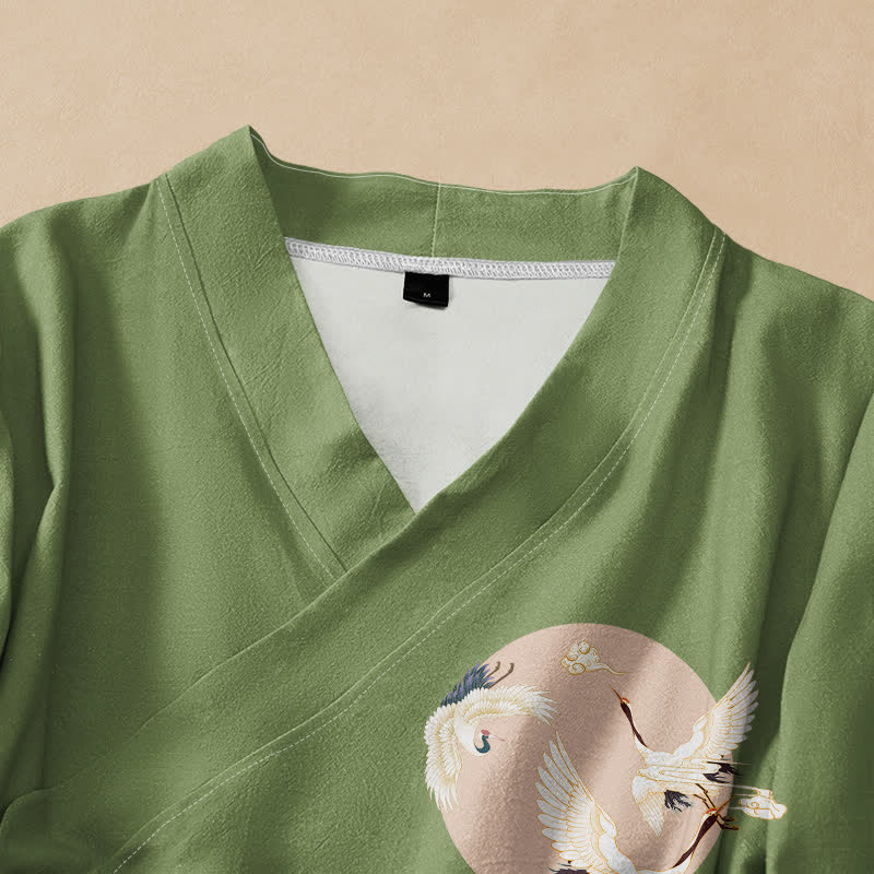 Buddha Stones Camisa kimono de manga larga para mujer con cuello en V y cordones, de algodón con estampado de grulla oriental. - image 2