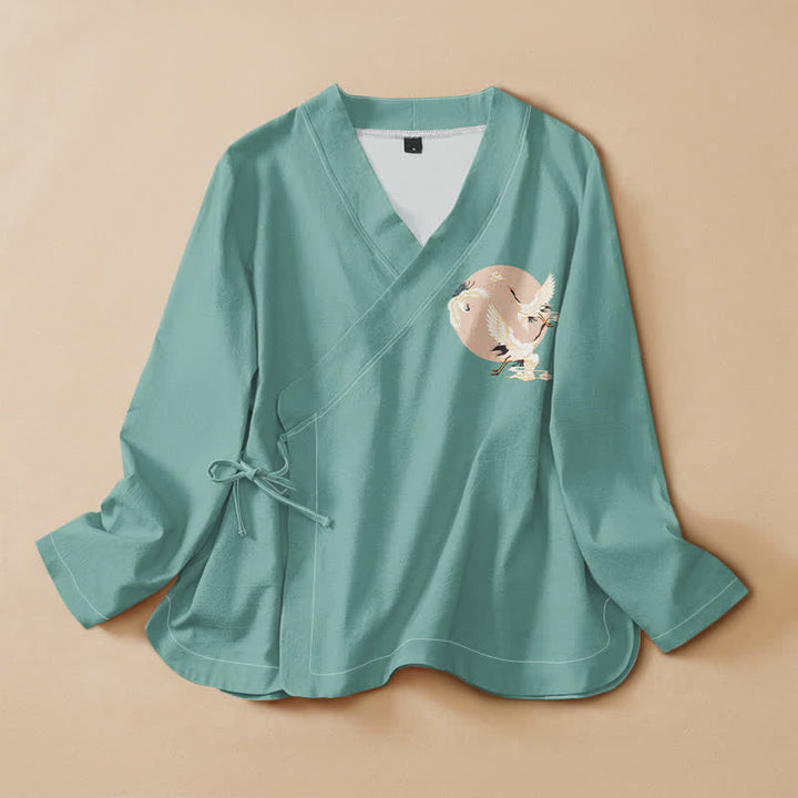 Buddha Stones Camisa kimono de manga larga para mujer con cuello en V y cordones, de algodón con estampado de grulla oriental. - Verde mar claro - US16，UK/AU20，EU48 (3XL) - image 5