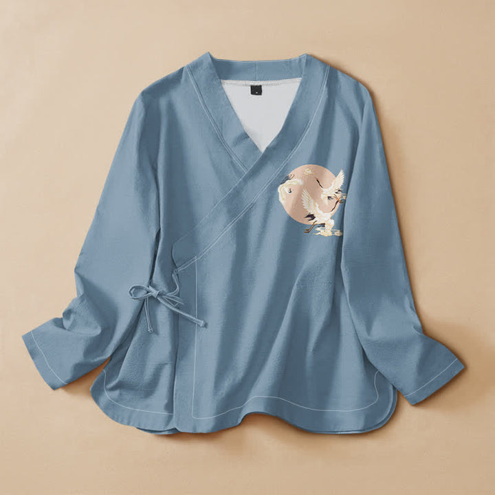 Buddha Stones Camisa kimono de manga larga para mujer con cuello en V y cordones, de algodón con estampado de grulla oriental. - Azul claro - US16，UK/AU20，EU48 (3XL) - image 7