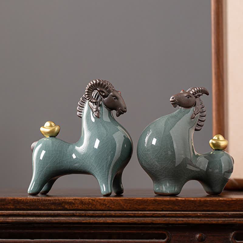 Buddha Stones Cabra de cerámica con esmalte craquelado, símbolo de prosperidad. Decoración con animales adorables. - image 4