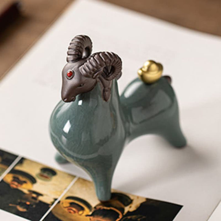 Buddha Stones Cabra de cerámica con esmalte craquelado, símbolo de prosperidad. Decoración con animales adorables. - image 2