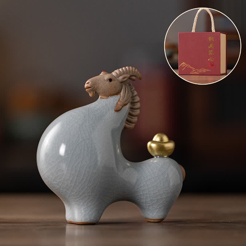 Buddha Stones Cabra de cerámica con esmalte craquelado, símbolo de prosperidad. Decoración con animales adorables. - Cabeza blanca hacia arriba - image 11